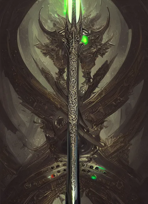 Image similar to legendary sword of technology, intricate black and iridescent blade, ornate gothic baroque spikes, glowing handle, detailed realistic, ray tracing, colored gems, art by greg rutkowski