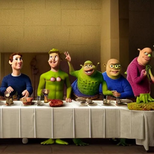 Prompt: mark zuckerberg, 3d spongebob and shrek in the last supper