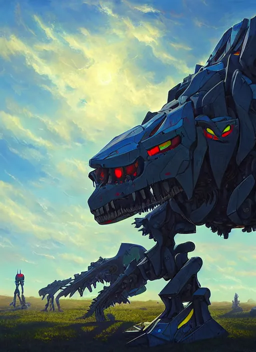 Prompt: robot - mech voltron made from dinosaur carcasses, hyperrealism, no blur, 4 k resolution, ultra detailed, style of james gurney, anato finnstark, edward robert hughes