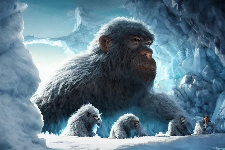 Prompt: a group of tourists discover a shy yeti behind blocks of ice, concept art, digital painting, trending on artstation, deviantart, highly detailed, perfect composition, dramatic lighting, sharp focus, 8 k uhd