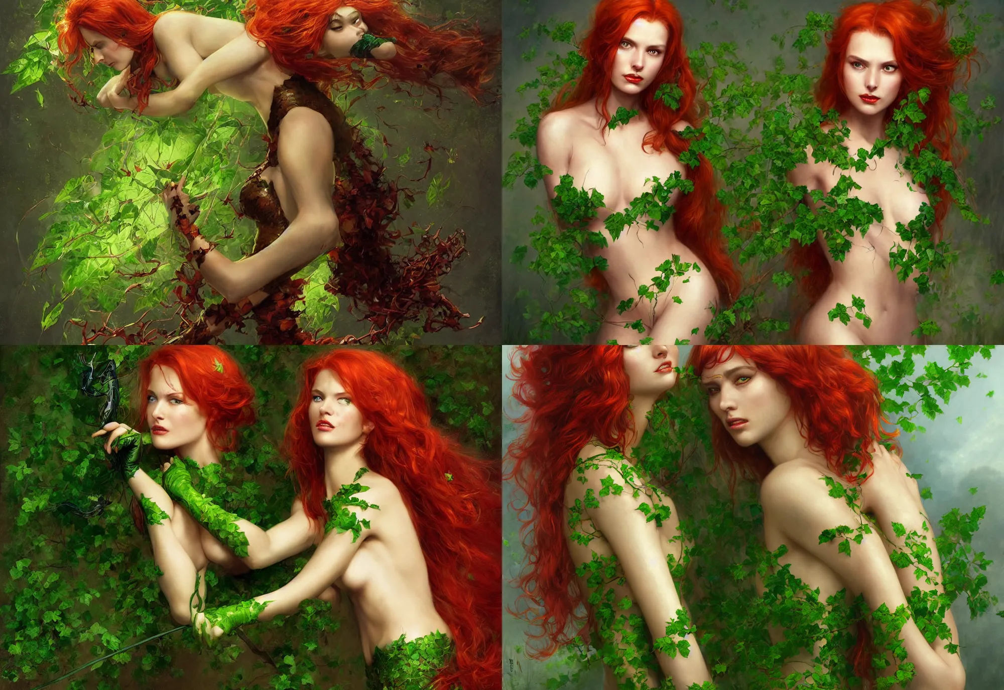 Prompt: A beautiful portrait of a Daria Strokous as Poison Ivy punishing Robin from Batman movie, digital art by Eugene de Blaas and Ross Tran, vibrant color scheme, highly detailed, in the style of romanticism, cinematic, artstation, Greg rutkowski