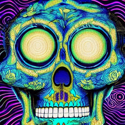 Image similar to dia de los muertos lamp in a quantum wormhole, juxtapoz, artforum, james eads