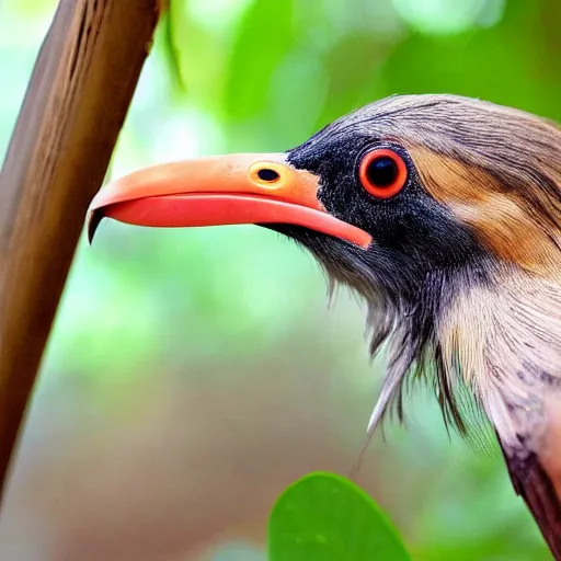 Prompt: a photo of real bird with real human teeth, newly discovered, rainforest, highly detailed, trending