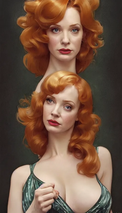 Image similar to Angel, perfectly-centered-painting of young Christina Hendricks in Mad Men looking at the camera, hands behind her back, sweaty, dynamic action pose, insane, intricate, highly detailed, digital painting, artstation, concept art, smooth, sharp focus, illustration, Unreal Engine 5, 8K, art by artgerm and greg rutkowski and alphonse mucha