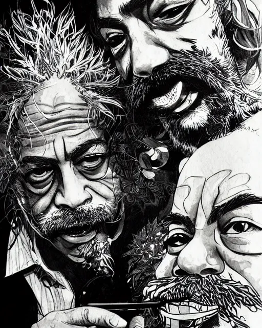 Image similar to portrait of cheech and chong smoking weed, concept art, sumi - e style, intricate linework, artstation, trending, highly detailed, smooth, focus, art by yoji shinkawa,