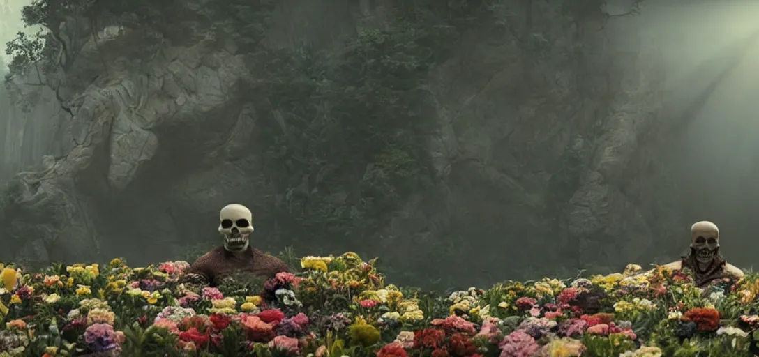 Prompt: dwayne johnson in the shape of a skull surrounded by flowers at dawn, foggy, sun rays, cinematic shot, photo still from movie by denis villeneuve, wayne barlowe