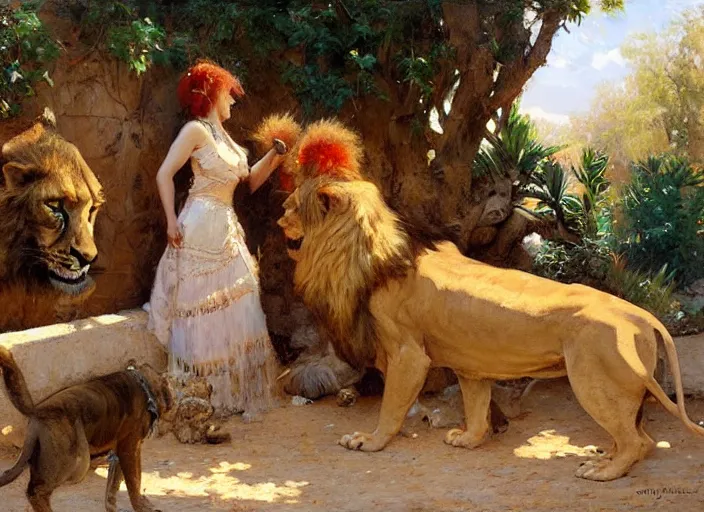 Image similar to a couple in love feeding the lions, highly detailed painting by gaston bussiere, craig mullins, j. c. leyendecker