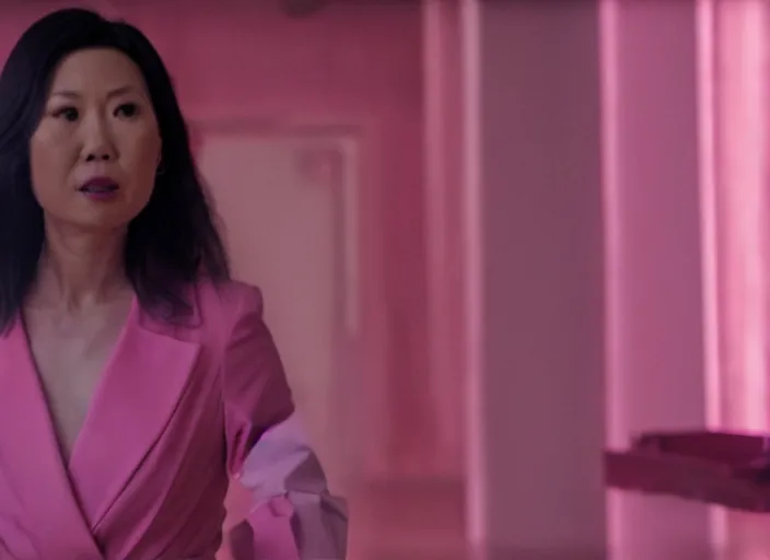 Prompt: film still of amy wong in a pink jumpsuit in the new scifi movie, 4 k