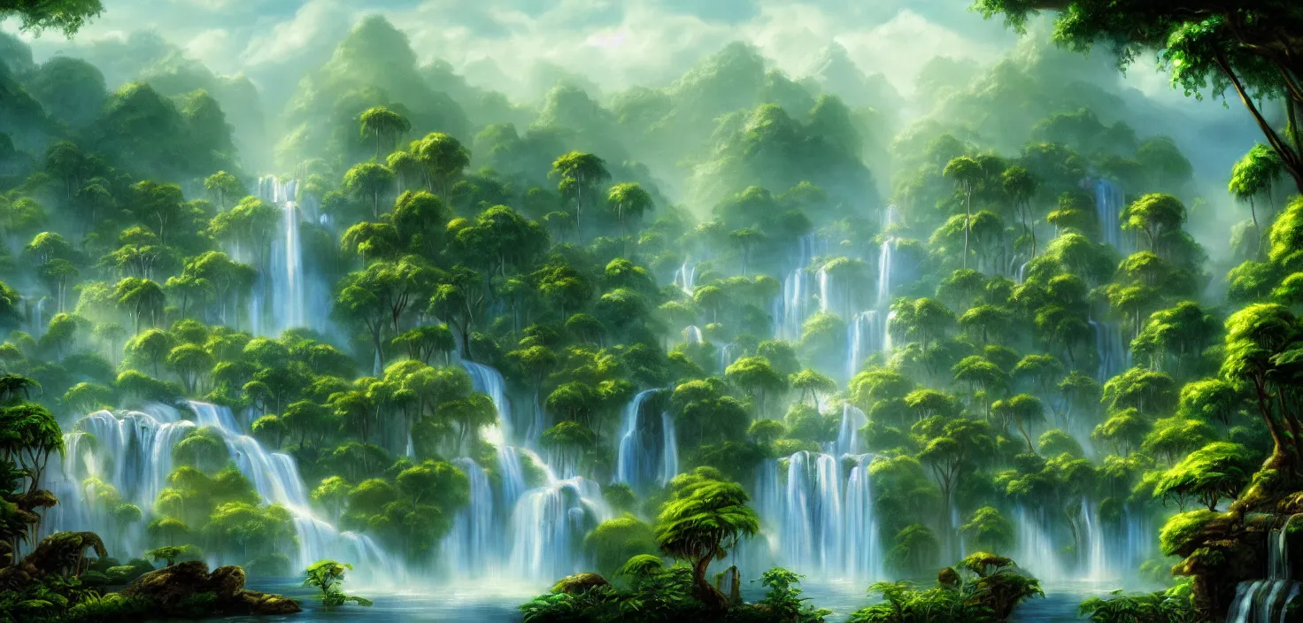 Image similar to waterfall in the jungle, a detailed matte painting by bob ross, deviantart, fantasy art, matte painting, detailed painting, 2 d game art