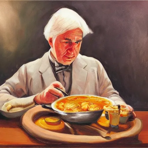 Image similar to thomas edison eating pork stew, trending on artstation