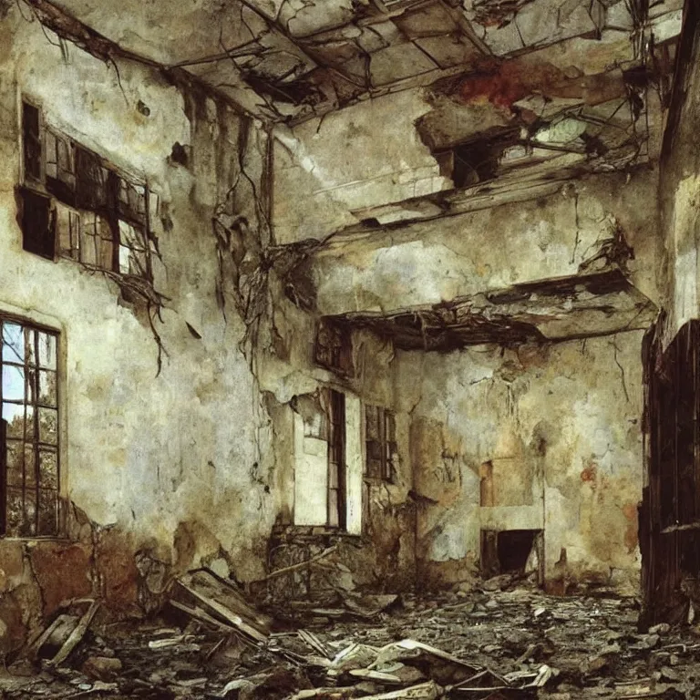 Image similar to Derelict, ruined house, with crumbled walls, rust, old cracked paint, mold, fungus, overgrown plants, pool of dark, dirty water, oily rainbow, charred wood beams. Painting by Gericault, Georges de la Tour, Anselm Kiefer, Andrei Tarkovsky