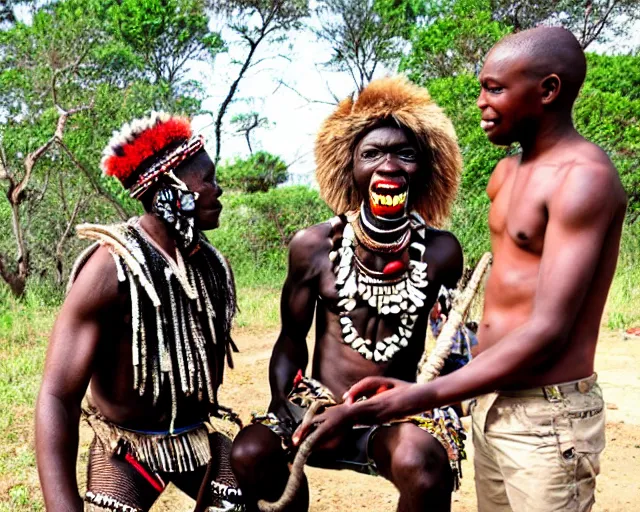 Prompt: zulu tribal warrior made out of teeth with a friendly american tourist. the tourist is in a cage.