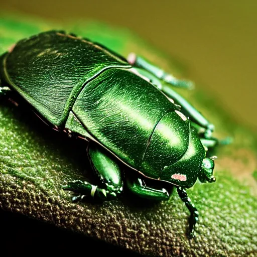 Image similar to hybrid of green beetle and turtle, photorealistic, close - up