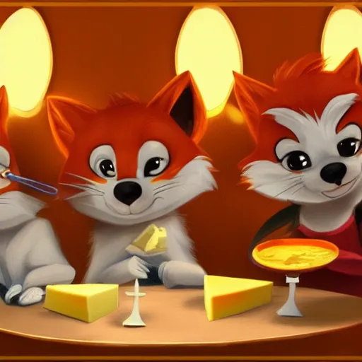 Prompt: foxes judging a cheese competition, furry, cute, disney style, artstation, detailed, award winning, dramatic lighting, cheese, fox, cheese competition, cheese contest