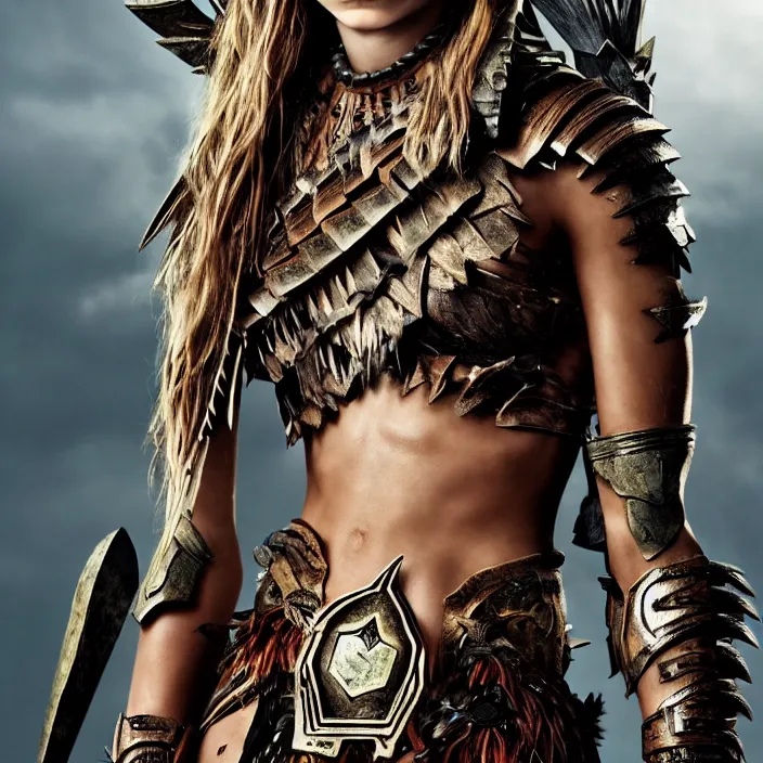 Image similar to professional full length photograph of cara delevingne as an amazon warrior. Extremely detailed. 8k