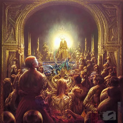 Prompt: a fantasy painting of a crowd around a king sitting on a throne by Tomasz Alen Kopera