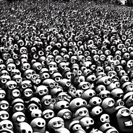 Prompt: minions singing a song infront of a huge crowd. black and white. hyperdetaled