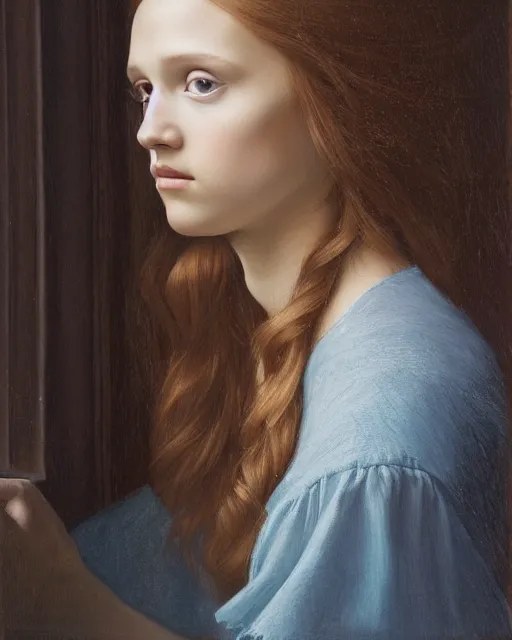 Image similar to a window - lit realistic portrait painting of a thoughtful girl resembling a young, shy, redheaded alicia vikander or millie bobby brown, lit by a window at the side, highly detailed, intricate, by leonardo davinci and rosetti