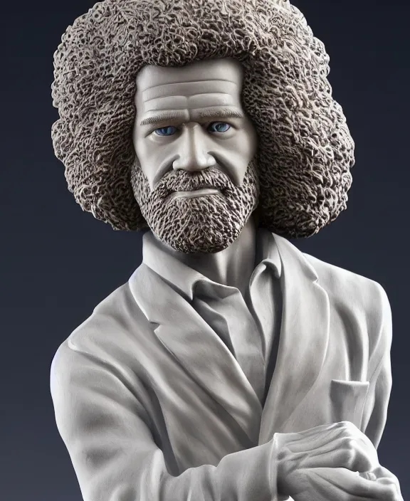 Image similar to a hyper-detailed marble statue of Bob Ross; anatomically correct; an extraordinary masterpiece!!!; flawless; fearful posture; photorealistic eyes; trending on artstation; f/1.4; 90mm