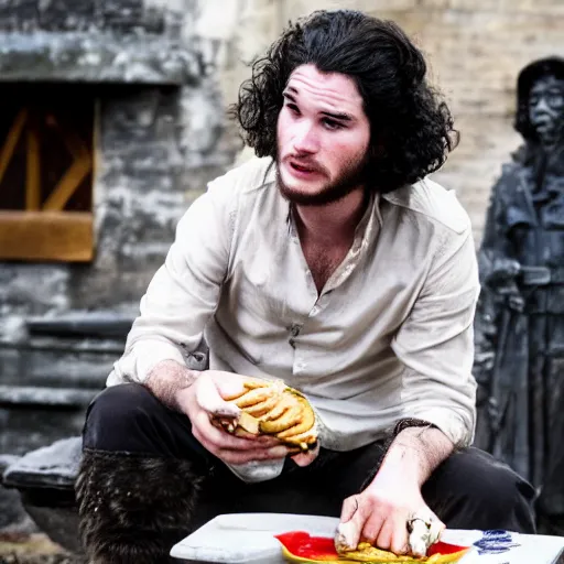 Prompt: john snow eating a hamburger