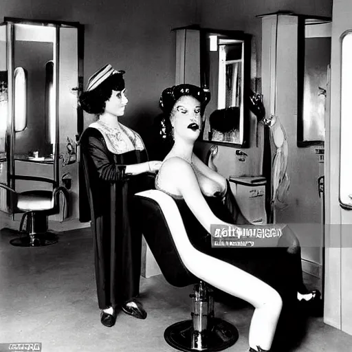 Prompt: Medusa the Gorgon chatting with her hairdresser at the salon in the 50s