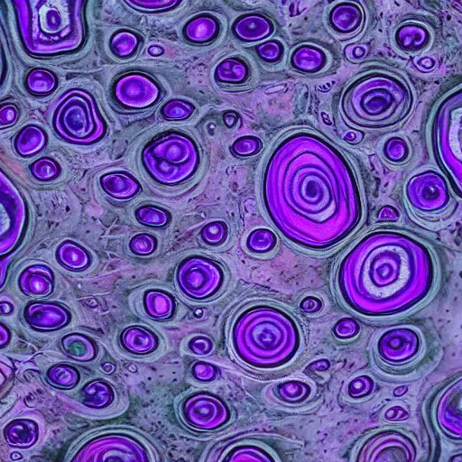 Image similar to a mushroom's gills from the bottom that is purple and grey with psychedelic patterns ; maximum realism ; maximum detailed close - up ; dramatic lighting