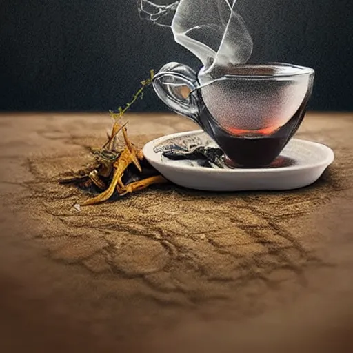 Image similar to photomanipulation of a supernatural fish drinking a cup of tea by a straw.