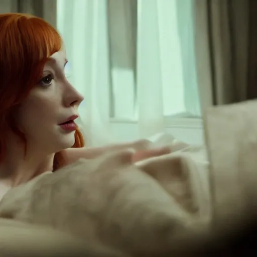 Image similar to amazing beautiful Christina Hendricks with mouth wide open in the living room, film still from the movie directed by Denis Villeneuve , wide lens