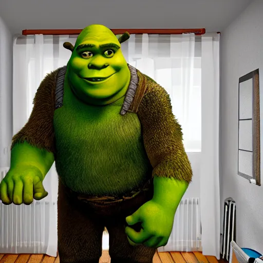 Image similar to shrek creeping into room, pov from bed