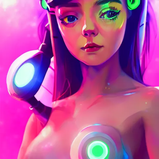 Prompt: portrait of a cute young woman with robot ears and eyes, 4k, sharp focus, neon colored fluorescent lighting, jordan grimmer