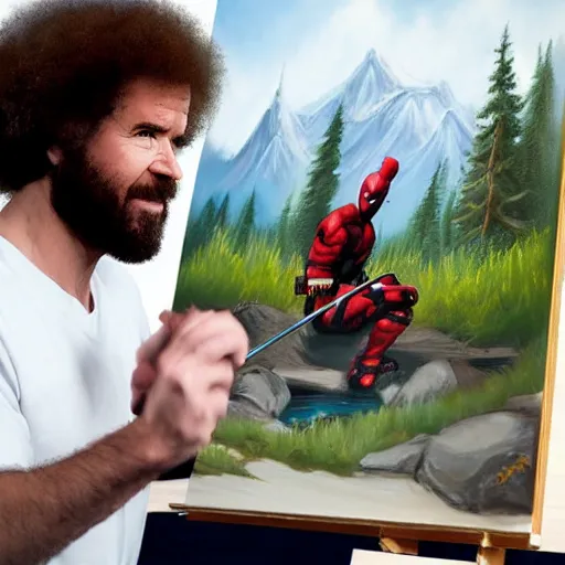 Image similar to a closeup photorealistic photograph of bob ross working on a canvas painting of deadpool. film still. brightly lit scene. mountains and trees. this 4 k hd image is trending on artstation, featured on behance, well - rendered, extra crisp, features intricate detail, epic composition and the style of unreal engine.