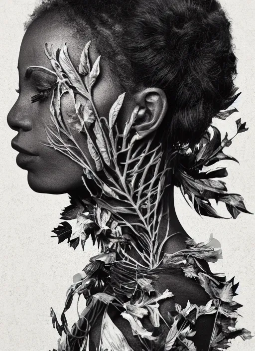 Prompt: a beautiful black woman's face in profile made of leaf and floral skeleton, in the style of the dutch masters and gregory crewdson, dark and moody, 8 k, matte, intricate detail, hyper detailed, surrealism