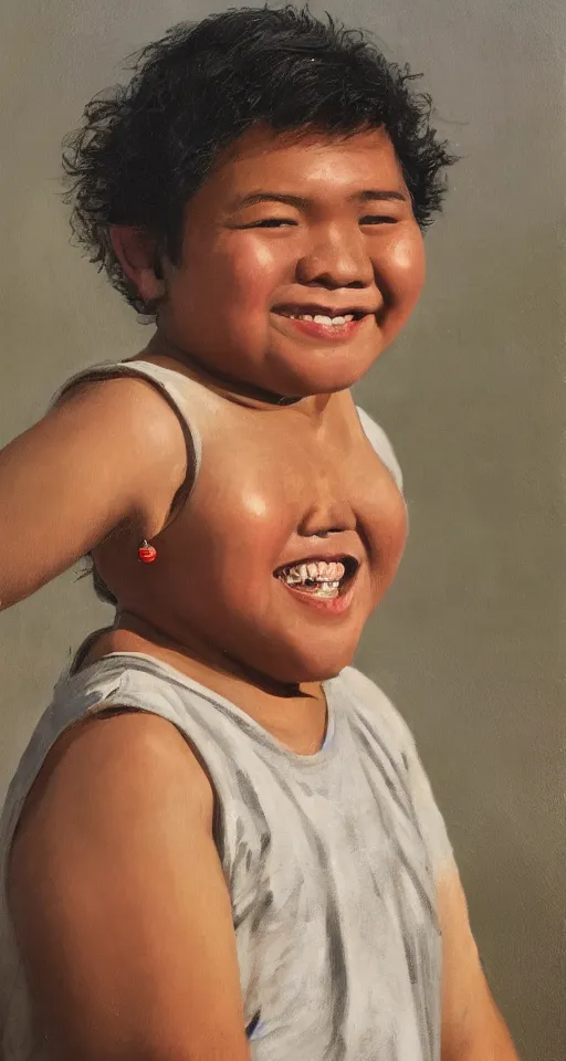 Image similar to oil portrait of a teenage chubby filipino boy smiling with crooked teeth, with a curly perm, and with small studded earings, 4 k, photorealistic, high detail