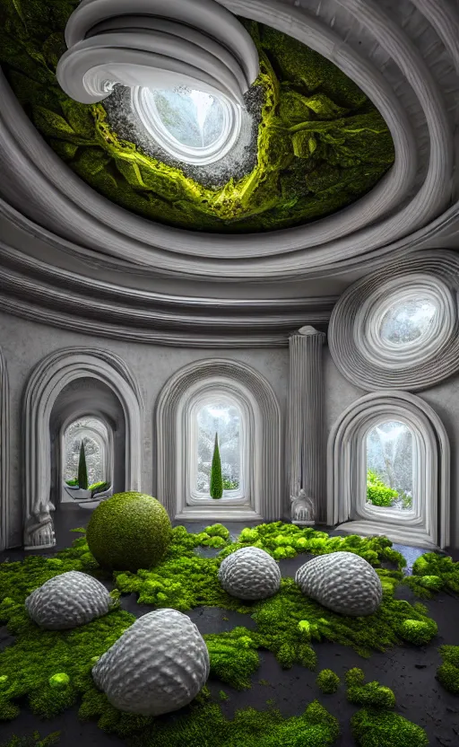 Image similar to highly detailed ultra sharp 3 d render villa interior cinematic composition of a smooth ceramic porcelain biomorphic magnolia stone nebula fluid fractal sci - fi surreal architecture landscape, granite, metallic, magnesium, marble, moss and lichen, vincent callebaut composition, mamou - mani, archviz, beautiful lighting, 8 k, unreal engine, hdr,