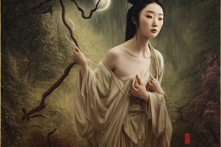 Prompt: wuxia, forest, moonlight, gemma chen, madison beer, pinup, intricate beautiful faces, painting by agostino arrivabene, vanessa beecroft, anka zhuravleva, mary jane ansell, peter mohbacher, gerald brom