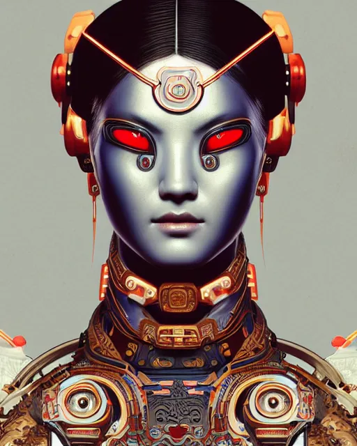 Image similar to portrait of a cyberpunk machine, machine face, upper half portrait, decorated with chinese opera motifs, asian, fine china, traditional chinese art, intricate, elegant, highly detailed, symmetry, headpiece, digital painting, artstation, concept art, smooth, sharp focus, illustration, art by artgerm and greg rutkowski and alphonse mucha, 8 k