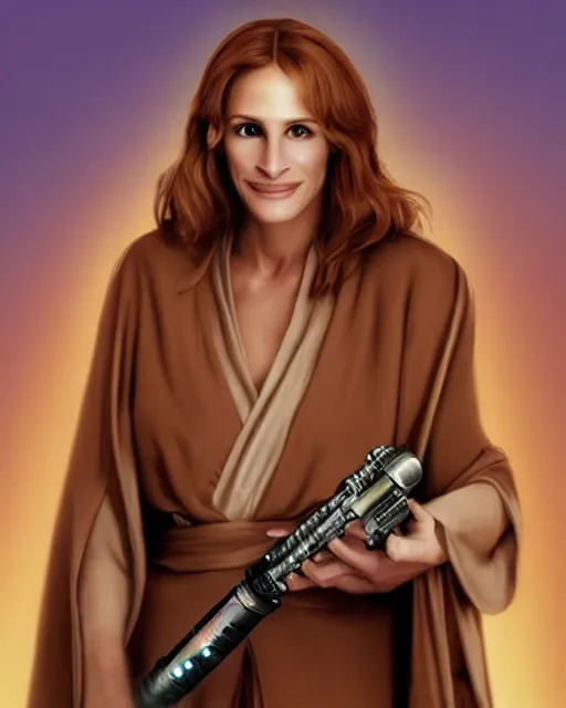 Prompt: julia roberts, dressed as jedi knight with a lightsaber, colorful, realistic, high resolution