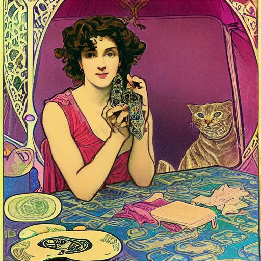 Prompt: Caucasian fortune teller lady with curly hair, a spread of tarot cards on a table, cats on her side, in a colorful tent, Alphonse Mucha poster ,