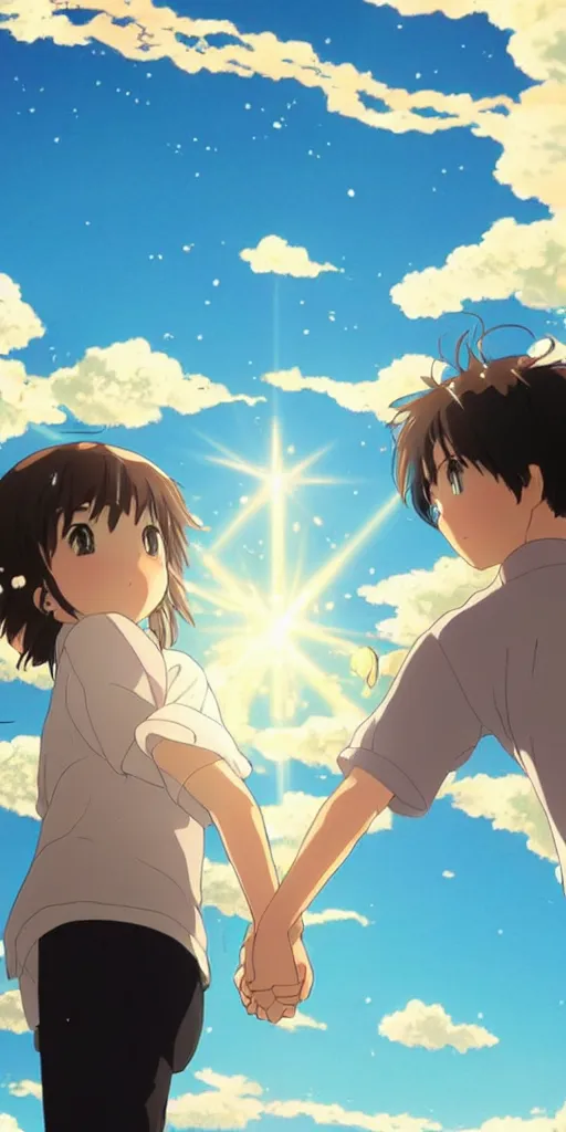 Image similar to a man and a woman holding hands under a beautiful sun drawn like the anime Your Name anime, intricate