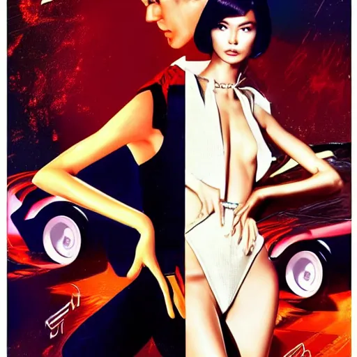 Prompt: VS Fashion model Sui He as a Bond Girl in a Retro futuristic James Bond movie poster in style of anime and speed racer, Makeup by Pat McGrath, cinematic, realism, Greg rutkowski, 1990s