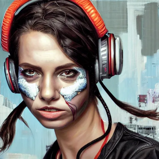 Prompt: a portrait of beautiful, mischievous, young woman by sandra chevrier, detailed render, tape deck, boombox, headphones, epic composition, cybernetics, 4 k realistic, cryengine, realistic shaded lighting, sharp focus, masterpiece, by matteo scalera, gary montalbano, peter elson in the style of the tokyo ghost comic