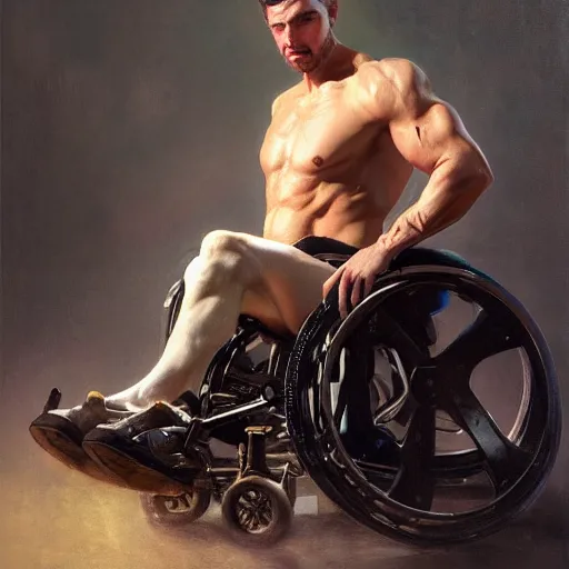 Prompt: handsome portrait of a wheelchair guy fitness posing, radiant light, caustics, war hero, one legged amputee, by gaston bussiere, bayard wu, greg rutkowski, giger, maxim verehin