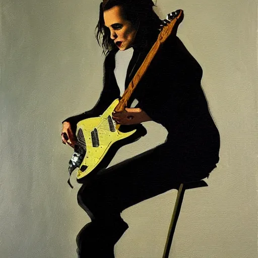 Prompt: Anna Calvi playing electric guitar, oil painting by Phil Hale