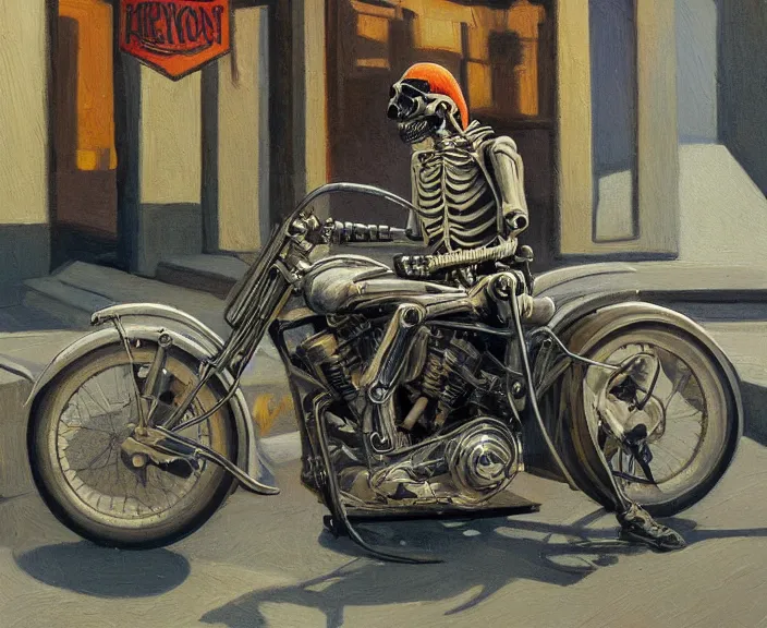 Image similar to a very detailed painting of a skeleton wearing a military jacket, riding a motorbike down a street, harley davidson motorbike, worm's - eye view, very fine brush strokes, very aesthetic, very futuristic, in the style of edward hopper and grant wood and syd mead, 4 k,