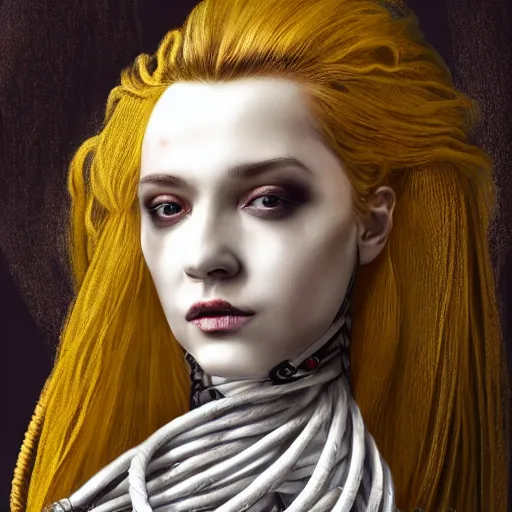 Image similar to portrait of a Shibari rope wrapped face and neck, headshot, insanely nice professional hair style, dramatic hair color, digital painting, of a old 15th century, old cyborg merchant, amber jewels, baroque, ornate clothing, scifi, realistic, hyperdetailed, chiaroscuro, concept art, art by Franz Hals and Jon Foster and Ayami Kojima and Amano and Karol Bak,