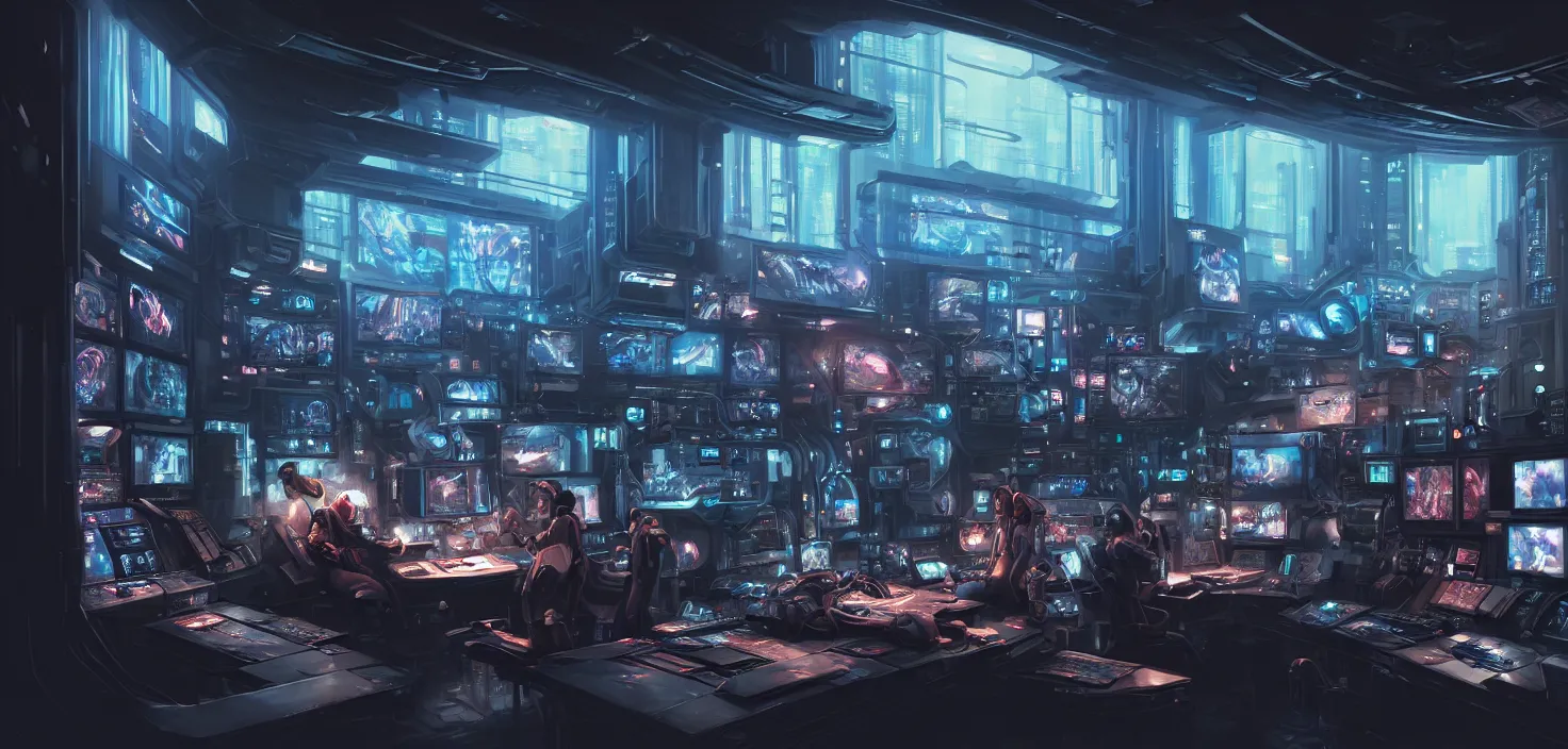 Image similar to a hyper detailed octane render concept art by xision wu, kerem beyit, sandara tang portrait of cyberpunk panel control spaceship room, dim lighting, detailed portraits, unreal engine 5, highly rendered, digital painting, hyper realistic, photo realistic, artstation, concept art, smooth, sharp focus perfect horizontal, symmetry illustration, detailed and intricate environment artstation hq