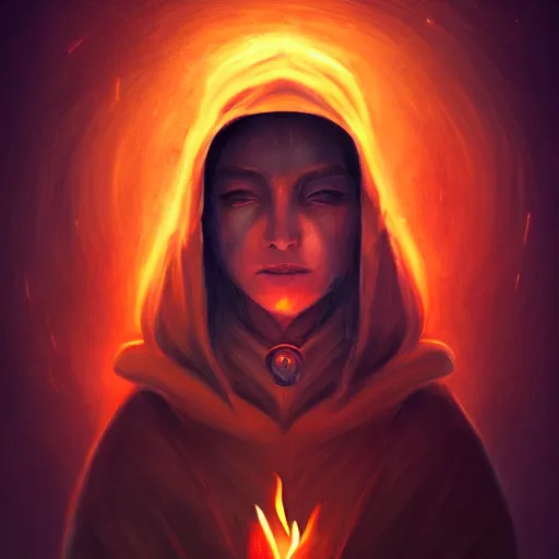 Image similar to ( a priestess with a hood that covers half her face carries an incense burner that emits a pleasantly colored flame. ) by anato finnstark, dream, full body portrait, dynamic lighting, beautiful, trending on artstation, wallpaper, 4 k, award winning, digital art, very detailed faces