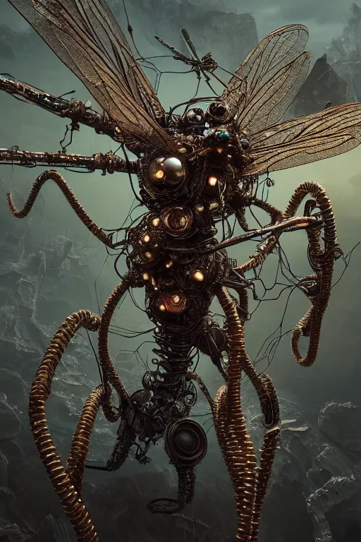 Image similar to a macro photo of a post apocalyptic cyborg dragonfly made from cables and bio - organic micro organisms and metal parts and led, beautifully lit, by tomasz alen kopera and peter mohrbacher and craig mullins, 3 d, trending on artstation, octane render, 8 k