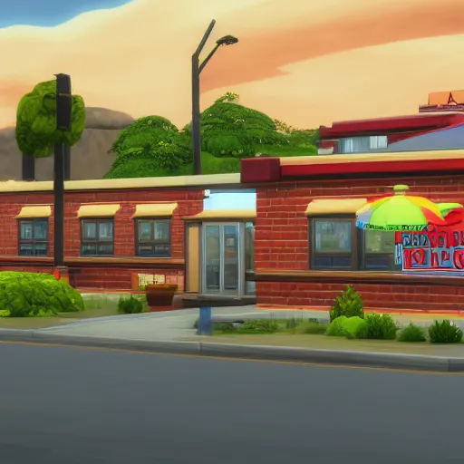 Image similar to Los Pollos Hermanos restaurant from Breaking Bad faithfully recreated in The Sims 4