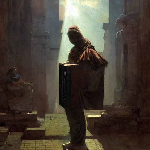 Image similar to portait of magican wearing a closed cerimonial cowl and big old book! chained to the wrist, jeremy mann, jean - leon gerome, tiepolo, alphonse mucha, greg rutkowski, face in the shadows, ( ( ruins of ancient rome ) ), at dusk, mysterious atmosphere, sunrays, dof, high detailed, 8 k